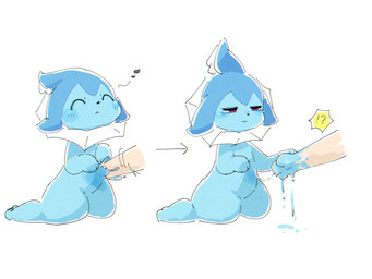 3_fingers :< ^_^ ambiguous_gender biped black_nose blue_body blue_ears blue_skin blush directional_arrow disembodied_hand dripping duo eyes_closed feral feral_focus fin fingers forced forced_transformation frill_(anatomy) front_view goo_transformation head_fin human_to_anthro interrobang kemono kneeling light_body light_skin looking_at_another multicolored_body multicolored_skin musical_note musical_symbol narrowed_eyes neck_frill paws purple_eyes semi-anthro simple_background smile solo_focus species_transformation speech_bubble symbol three-quarter_view transformation two_tone_body two_tone_skin white_background netchy_boo nintendo pokemon aquatic eeveelution generation_1_pokemon goo_creature human mammal pokemon_(species) vaporeon 4:3 colored digital_media_(artwork) full-length_portrait hi_res portrait