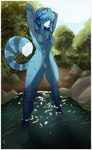 anthro blue_body blue_fur breasts chest_tuft cloud day detailed_background feet female fluffy fur hair hands_behind_head multicolored_body multicolored_fur nude outside partially_submerged plant plantigrade pond rock sky smile solo standing tail tree tuft water hitherto ailurid mammal red_panda absurd_res digital_media_(artwork) hi_res portrait