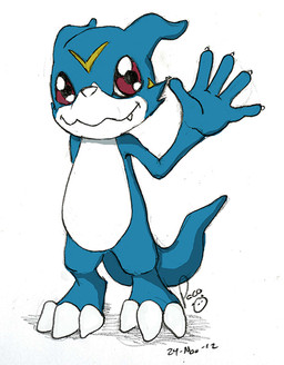anthro blue_body blue_horn fangs featureless_crotch front_view gesture glistening glistening_eyes horn logo looking_at_viewer male male_anthro mouth_closed nude red_eyes simple_background solo standing teeth waving waving_at_viewer white_background white_body pandapaco bandai_namco digimon digimon_(species) veemon 2012 artist_logo dated full-length_portrait portrait signature
