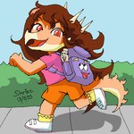 anthro backpack blue_sky bottomwear brown_hair clothing cosplay crossover_cosplay detailed_background eyelashes female footwear hair horn long_hair long_tail looking_at_viewer map multicolored_body multicolored_scales open_mouth open_smile orange_body orange_eyes orange_scales outside running scales shoes shorts sky smile sneakers snout solo spikes spikes_(anatomy) tail tan_body tan_scales tongue two_tone_body two_tone_scales young shrikethebird_(artist) cavemanon_studios dora_the_explorer goodbye_volcano_high snoot_game backpack_(dora_the_explorer) dora_marquez map_(dora_the_explorer) rosa_(gvh) aquilops ceratopsian dinosaur ornithischian prehistoric_species reptile scalie 1:1 2023 crossover digital_drawing_(artwork) digital_media_(artwork) low_res