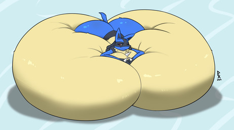 anthro big_breasts big_butt black_inner_ear blue_background blue_body blue_ears blue_tail bodily_fluids breast_expansion breast_squish breasts butt expansion female hand_on_breast hand_on_own_breast huge_breasts huge_butt hyper hyper_breasts hyper_butt immobile lying lying_on_breasts lying_on_own_breasts lying_on_self multicolored_body on_front red_eyes simple_background solo spikes spikes_(anatomy) squish sweat sweatdrop tail tan_body three-quarter_view two_tone_body expansyre nintendo pokemon generation_4_pokemon lucario pokemon_(species) 2026 colored digital_media_(artwork) hi_res shaded signature