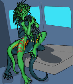 ambiguous/ambiguous ambiguous_gender anthro anthro_on_anthro bed blue_body blue_hair blue_scales butt claws duo feet furniture green_body green_hair green_scales hair long_hair multicolored_body multicolored_scales nude on_bed red_eyes scales sex tail tattoo yellow_body yellow_scales unknown_artist lizard reptile scalie source_request