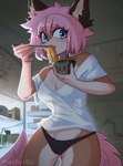 absurd_res anthro appliance black_clothing black_panties black_underwear blue_eyes bowl breasts canid canine chopsticks cleavage clothed clothing container eating female food fox fridge fur hair hi_res inner_ear_fluff kitchen_appliance mammal maysunbo multicolored_body multicolored_fur noodles off_shoulder orange_body orange_fur panties pink_hair ramen semi-transparent_top shirt solo topwear tuft two_tone_body two_tone_fur underwear