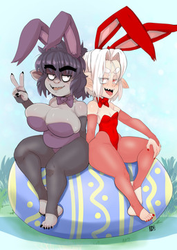 5_fingers 5_toes albino arm_support armwear belly big_breasts black_hair black_nails bow_tie breasts bridal_gauntlets bulging_breasts bunny_costume cleavage cleavage_overflow clothed clothing colored_nails costume duo easter_egg elbow_gloves eyebrows fake_ears fake_rabbit_ears feet female fingers gesture gloves grey_body grey_skin hair hand_gesture hand_on_knee hand_on_leg handwear holidays huge_breasts humanoid_pointy_ears leggings legwear lingerie messy_hair nails navel_outline not_furry pale_body pale_skin pear-shaped_figure pointy_ears red_eyes sharp_teeth short_hair shortstack simple_background sitting skindentation slightly_chubby small_breasts stirrup_leggings stirrup_legwear teddy_(clothing) teeth thick_eyebrows thick_thighs toes v_sign white_hair wide_hips nerdbayne easter bianca_(nerdbayne) rachel_(nerdbayne) goblin humanoid 2026 absurd_res hi_res signature sibling_(lore) sister_(lore) sisters_(lore)