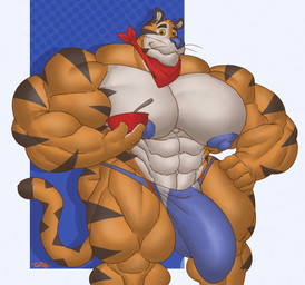 abs anthro areola balls biceps big_balls big_bulge big_muscles big_pecs big_penis biped blue_nipples bowl bulge clothing container cutlery genitals half-erect huge_balls huge_bulge huge_muscles huge_pecs huge_penis hyper hyper_balls hyper_genitalia hyper_muscles hyper_pecs hyper_penis kerchief kitchen_utensils male mascot mostly_nude muscular muscular_anthro muscular_male navel nipples pecs penis quads simple_background smile solo spoon thick_thighs tools triceps underwear wide_hips gabgbb frosted_flakes kellogg's tony_the_tiger felid mammal pantherine tiger 2022 digital_media_(artwork)