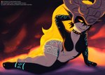 anthro breasts clothing female fused_shadow hair headgear headwear not_furry red_eyes short_stack smile solo text darkito420 nintendo the_legend_of_zelda twilight_princess midna humanoid mammal twili digital_media_(artwork) url