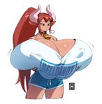 2_horns big_breasts biped bottomwear breasts cleavage clothed clothing female hair holding_breast horn huge_breasts hyper hyper_breasts logo long_hair nipple_outline shorts simple_background skimpy solo text text_on_clothing white_background thehelmetguy aeryn_(thehelmetguy) animal_humanoid bovid bovid_humanoid bovine bovine_humanoid cattle_humanoid humanoid mammal mammal_humanoid 2023 artist_logo english_text hi_res