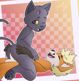 ambiguous_gender anal anthro black_body black_fur duo erection fur genitals humanoid_genitalia humanoid_penis male male/male one_eye_closed orange_body orange_fur penis smile young young_ambiguous young_anthro young_male smoothlabs darkkita tycloud canid canine demon domestic_cat felid feline felis fox mammal hi_res