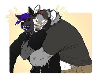 anthro band-aid bandage clothed clothing duo fur hair hug male open_mouth paws simple_background smile teeth tongue topwear soradezwolfox gary_anderson night_(hyenight) hyena mammal spotted_hyena 5:4 absurd_res hi_res nonbinary_(lore)