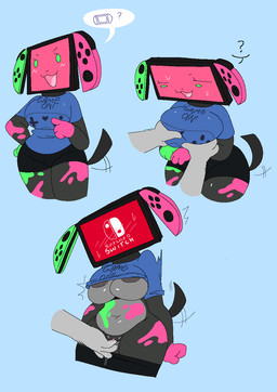 :3 :d ambiguous_gender areola areola_slip belly big_breasts black_bottomwear black_clothing black_shorts blue_background blue_clothing blue_shirt blue_topwear blush blush_lines bodily_fluids bottomwear bottomwear_down breast_grab breasts clitoris clothed clothing console_head controller_ears controller_print duo female fingering genital_fluids genitals green_ears green_eyes green_paint grey_areola grey_body grey_skin grey_tail grey_vulva hand_on_breast looking_at_another looking_confused machine motion_lines navel paint paint_on_body partially_clothed paws pink_ears pink_paint pink_screen_face question_mark screen screen_face shirt shirt_up short_tail shorts shorts_down simple_background smile sweat sweaty_face tail thought_bubble topwear tremble_lines tremble_spikes vaginal_fluids vaginal_fluids_on_hand vulva snazzle_snapp nintendo nintendo_switch switch_dog humanoid robot robot_humanoid hi_res