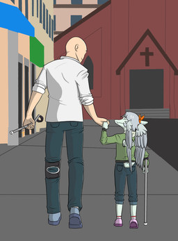 anthro bald biped blue_body bone_frill bottomwear church clothing crutch denim denim_bottomwear denim_clothing duo eyes_closed feathered_wings feathers female fingers footwear frill_(anatomy) furgonomics green_clothing green_jacket green_topwear grey_body grey_feathers grey_hair hair hand_holding humanoid_hands jacket jeans knee_brace looking_at_another looking_up male markings medical_instrument medium_hair outside pants rear_view scientific_instrument shirt shoes short_tail smile standing street striped_markings stripes tail topwear walking white_clothing white_shirt white_topwear wings young young_anthro young_female areloch cavemanon_studios snoot_game amber_(snoot_game) anon_(snoot_game) human mammal prehistoric_species pterodactylus pterosaur reptile scalie 2024 absurd_res colored hi_res shaded daughter_(lore) father_(lore) father_and_child_(lore) father_and_daughter_(lore) parent_(lore) parent_and_child_(lore) parent_and_daughter_(lore)