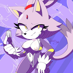 anthro areola big_breasts black_nose bodysuit breasts clothing condom dipstick_tail exposed_breasts eyelashes female forehead_gem front_view fur gem gloves handwear holding_condom holding_object looking_at_viewer markings nipples pink_areola pink_nipples purple_background purple_body purple_bodysuit purple_clothing purple_fur purple_skinsuit sexual_barrier_device simple_background skinsuit smile solo tail tail_markings thick_thighs tight_clothing white_body white_clothing white_fur white_gloves white_handwear wide_hips yellow_eyes flaresg_art sega sonic_riders sonic_the_hedgehog_(series) blaze_the_cat domestic_cat felid feline felis mammal 1:1