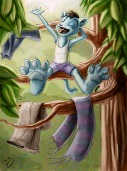 anthro blue_body blue_fur blue_pawpads bottomwear brown_hair clothed clothing eyes_closed front_view fur hair hand_behind_head in_tree leaf male male_anthro open_mouth open_smile pawpads plant purple_bottomwear purple_clothing short_hair sitting smile solo stretching topwear tree whiskers white_clothing white_topwear yawn young young_anthro young_male pandapaco felid mammal