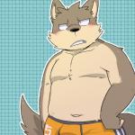 anthro belly blush bulge clothing humanoid_hands male navel overweight overweight_anthro overweight_male simple_background slightly_chubby solo teeth underwear green_bell inakamichi canid canine canis domestic_dog mammal 1:1 2018