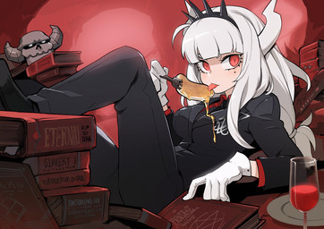 alcohol beverage book breasts business_suit clothing container cup cutlery drinking_glass female food fork glass glass_container glass_cup gloves hair handwear horn kitchen_utensils long_hair lounging markings mole_(marking) not_furry occult_symbol pancake red_eyes sigil sigil_of_lucifer simple_background solo suit symbol syrup text tongue tongue_out tools white_hair wine wine_glass patipat_asavasena helltaker lucifer_(helltaker) demon horned_humanoid humanoid hi_res