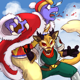 anthro asian_clothing battle belly belly_punching belt belt_buckle black_body black_horn black_scales blood blue_body blue_fur blue_sky bodily_fluids boots brown_ears buckle cheek_tuft claws clothed clothing cloud cosplay costume coughing_blood crown detailed_background duo east_asian_clothing eyewear facial_scar facial_tuft fight fighting_pose fingerless_gloves fluffy fluffy_tail footwear fur fur_trim_(clothing) fur_trim_robe gloves gold_crown green_clothing green_jumpsuit handwear haramaki hat head_tuft headgear headwear horn jacket japanese_clothing jumpsuit keikogi male martial_arts_uniform monocle open_mouth orange_body orange_fur overweight overweight_male pain parody patch_(fabric) patched_jacket pawpads pose punch red_clothing red_eyes red_hat red_headwear red_robe red_scarf robe rolled_up_sleeves scales scar scarf shocked shoes size_difference sky snout snout_scar sportswear standing tail tan_clothing teeth tongue tongue_out topwear tuft uniform wide_eyed akamaruburningred raemyshu third-party_edit timuron dragon_ball kirby_(series) mythology nintendo star_fox super_smash_bros. akamaru_shirogane dareck_(chupadore) fox_mccloud king_dedede alien canid canine chimera chupadore dragon fox furred_dragon furred_scalie hybrid mammal mythological_creature mythological_scalie scalie 1:1 2022 digital_media_(artwork) hi_res
