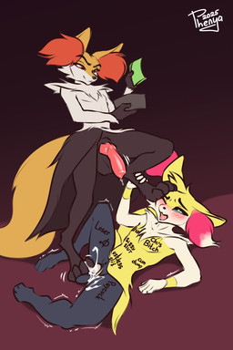animal_genitalia animal_penis anthro blush bodily_fluids butt canine_genitalia chastity_cage chastity_device cock_and_ball_torture cum cum_while_chaste dripping duo ejaculation erection flat_chastity_cage fur genital_fluids genital_torture genitals hair hands-free inner_ear_fluff knot male male/male nude open_mouth orgasm penis precum simple_background stepped_on tail text tongue tuft yellow_body yellow_fur phenyanyanya nintendo pokemon chi_(mischiefmaster) fan_character grey_(dgbraixen) braixen canid canine delphox generation_6_pokemon mammal pokemon_(species) digital_media_(artwork) english_text hi_res