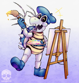 4_fingers anthro arms_bent beret blue_beret blue_clothing blue_footwear blue_headwear blue_shell blue_shoes bone brush canvas clothing easel eyes_closed fangs fingers footwear gradient_background happy hat headgear headwear holding_brush holding_object holding_paint_palette holding_paintbrush light logo male male_anthro on_one_leg open_mouth open_smile paint paint_on_face paint_palette paintbrush shell shoes simple_background skeleton smile solo spiked_shell spikes spikes_(anatomy) standing straight_legs tail teeth text white_spikes white_tail feeniroir mario_bros nintendo fan_character flint_(penbwl) animated_skeleton dry_bones undead 2023 absurd_res artist_logo artist_name colored digital_drawing_(artwork) digital_media_(artwork) english_description hi_res lighting shaded