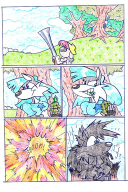 anthro blue_clothing blue_eyes blue_hair blue_shirt blue_topwear clothing duo explosion explosives female grenade gun hair male outside ranged_weapon shirt topwear weapon virus-20 wendy_wolf_(virus-20) canid canine canis domestic_dog mammal wolf 2008 comic