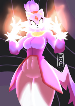 anthro breasts clothed clothing eyelashes female fire fur gem gloves hair handwear headgear headwear jewelry looking_at_viewer magic magic_user navel purple_body purple_fur solo yellow_eyes gamesfan sega sonic_the_hedgehog_(series) blaze_the_cat domestic_cat felid feline felis mammal absurd_res digital_media_(artwork) hi_res signature