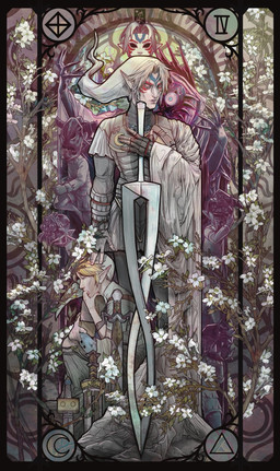ambiguous_gender armor art_nouveau blonde_hair clothed clothing fantasy_weapon female flower fully_clothed group hair holding_musical_instrument holding_object kneeling makeup male mask melee_weapon musical_instrument not_furry ocarina plant pointy_ears rock shirt standing sword topwear tunic weapon wearing_mask wind_instrument kingcael majora's_mask nintendo the_legend_of_zelda link princess_zelda elf humanoid hylian english_description hi_res