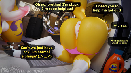 anthro appliance balls bent_over bodily_fluids butt clothing detailed_background dialogue erection female genital_fluids genitals humanoid_genitalia humanoid_penis imminent_sex kneeling laundry_machine male male/female nude panties penis precum presenting presenting_hindquarters speech_bubble stuck tail text underwear vulva washing_machine white_body bacn bandai_namco blender_cycles digimon canid canine digimon_(species) fox mammal renamon 2025 3d_(artwork) absurd_res blender_(artwork) digital_media_(artwork) english_description english_text hi_res brother_(lore) brother_and_sister_(lore) incest_(lore) sibling_(lore) sister_(lore)