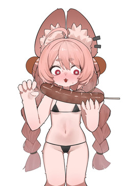 ahoge anthro bikini black_bikini black_clothing black_swimwear blush braided_hair clothing ear_piercing eyebrows female flat_chested food food_fetish fur hair holding_food holding_object inner_ear_fluff loli long_hair meat micro_bikini navel open_mouth phallic phallic_food piercing pigtails pink_body pink_fur pink_hair red_eyes sausage simple_background solo spiral spiral_eyes suggestive suggestive_food swimwear thick_eyebrows thigh_gap triangle_bikini tuft twin_braids two-piece_swimsuit white_background wide_eyed young flasso mihoyo zenless_zone_zero zhao_(zenless_zone_zero) lagomorph leporid mammal rabbit thiren hi_res adult_(lore)