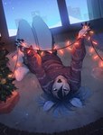 anthro barefoot biped black_nose blue_hair bottomwear breasts christmas_decorations christmas_lights christmas_tree clothing detailed_background feet female fingers hair holding_object holidays hooved_fingers hooves inside looking_at_viewer lying on_back plant shorts smile snow solo sweater topwear tree window fumiko christmas zed_(zedzar) deer mammal 2018 digital_media_(artwork) hi_res shaded