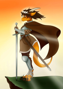 anthro armor female hair holding_object holding_weapon horn melee_weapon solo sword tail weapon dragonburn mythology ragny_(dragonburn) dragon mythological_creature mythological_scalie scalie hi_res