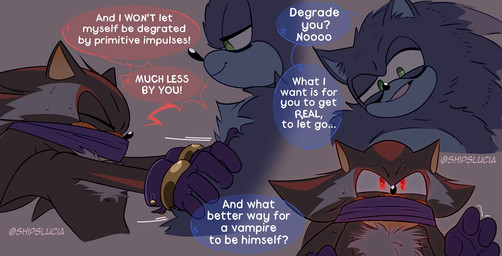 anthro blush blush_lines bodily_fluids covered_mouth dialogue duo fur male male/male pushing_away speech_bubble sweat teasing shipslucia sega sonic_the_hedgehog_(series) sonic_unleashed shadow_the_hedgehog sonic_the_hedgehog sonic_the_werehog eulipotyphlan hedgehog mammal vampire werecreature wereeulipotyphlan werehog hi_res