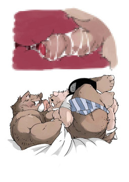 anal anthro bed blush brown_body brown_fur butt clothing duo fur furniture genitals humanoid_genitalia humanoid_penis male male/male overweight overweight_male penis sex shirt size_difference topwear underwear taro_heppoko mammal suid suine sus_(pig) wild_boar 2015 censored