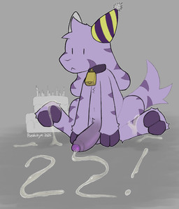 anthro bell bell_collar birthday bodily_fluids clothing collar cum cum_on_feet cum_on_ground cum_on_hoof cum_string digitigrade feet feral foreskin genital_fluids genitals hat headgear headwear hooves horn male neutral_expression party_hat penis purple_body semi-anthro sitting sitting_on_ground solo vein veiny_penis pseudokym sylvan_(critter_catcher) bovid caprine goat mammal 2026 digital_media_(artwork) hi_res
