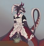 anthro biped black_body blue_eyes blush bodily_fluids clothed clothing clothing_lift dress dress_lift female female_anthro female_peeing genital_fluids hair horn maid_uniform nervous peeing red_body solo spade_tail sweat tail teapot uniform urine urine_in_container urine_stream watersports white_body white_hair valrionwrites mythology yu-gi-oh! dragonmaid_sheou dragon dragonmaid_(yu-gi-oh!) duel_monster mythological_creature mythological_scalie scalie 2025 digital_media_(artwork) hi_res