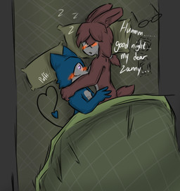 bed bedding belly blanket blue_body blush breasts condom condom_wrapper duo eyewear facial_scar female furniture glasses male male/female nipple_in_mouth nude pillow pink_body scar sexual_barrier_device sleeping spade_tail tail white_belly dister_rohtas dr._emilia_(e254e) zan_(zanthippe1) demon lagomorph leporid mammal rabbit hi_res