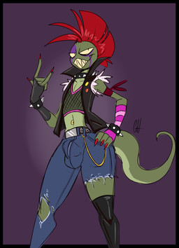 alternative_fashion anthro armwear bedroom_eyes belt bottomwear bracelet bulge clothing collar countershading crop_top denim denim_bottomwear denim_clothing detailed_bulge devil_horns_(gesture) elbow_gloves fangs femboy fingerless_gloves fishnet_clothing fishnet_topwear gesture glamrock gloves green_body green_scales hair half-closed_eyes hand_gesture handwear inviting jacket jeans jewelry leather leather_clothing leather_jacket leather_topwear leather_vest legwear male mohawk narrowed_eyes navel navel_piercing pants piercing punk red_hair scales seductive sharp_teeth shirt smile smirk smug smug_face smug_grin solo spiked_bracelet spiked_collar spikes stockings studded_belt studs teeth topwear torn_bottomwear torn_clothing torn_pants vest ghastlygh ash_(g-h-) gecko lizard reptile scalie 2019 absurd_res hi_res