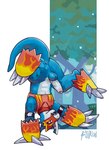 anthro armor balls blue_body butt clothing erection genitals humanoid_genitalia humanoid_penis male penis red_eyes shirt solo tail topwear upside_down bastriw bandai_namco digimon hasbro digimon_(species) flamedramon digital_media_(artwork) hi_res