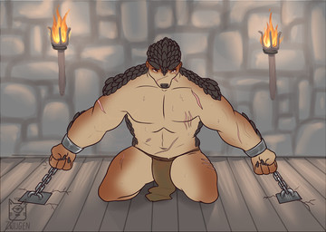 anthro bodily_fluids bottomwear bound chain chained clothed clothing cuff_(restraint) dungeon eye_contact fantasy fire loincloth looking_at_another looking_at_viewer male muscular muscular_anthro muscular_male muscular_sub prisoner restrained restraints scar shackles solo submissive submissive_male sweat topless zwijgen mammal monster pangolin