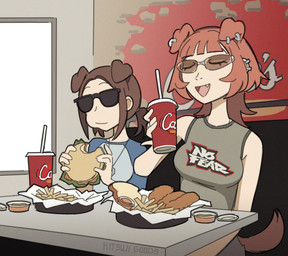 bangs barbell_piercing black_eyebrows black_eyewear black_sunglasses blue_clothing blue_shirt blue_topwear booth bread breasts brown_ears brown_hair button_ears chicken_meat chicken_sandwich clothing container cup dipping_sauce disposable_cup drinking_straw duo ear_piercing ear_ring eating eyebrow_barbell eyebrow_piercing eyebrows eyelashes eyes_closed eyewear facial_piercing fangs fast_food female female_humanoid floppy_ears food fried_chicken fries furniture grey_clothing grey_shirt grey_topwear hair holding_food holding_object holding_sandwich human_and_animal_ears inside jewelry lettuce long_hair meat medium_breasts multi_ear necklace open_mouth orange_ears orange_eyebrows orange_hair orange_tail pendant piercing pink_tongue plant ponytail restaurant ring_piercing sandwich_(food) shirt short_sleeves sitting sleeveless_shirt sunglasses table tail teeth text text_on_clothing text_on_shirt text_on_topwear tongue topwear vegetable white_text hitsujigoods no_fear_(brand) raising_cane's mitsu_inumoto vhs_inumoto animal_humanoid canid canid_humanoid canine canine_humanoid dog_humanoid humanoid mammal mammal_humanoid 2025 english_text hi_res signature sibling_(lore) sister_(lore) sisters_(lore)