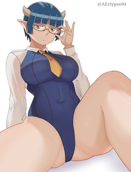 accessory bare_legs big_breasts blue_hair breasts camel_toe clothed clothed_female clothed_humanoid clothing eyewear female glasses green_eyes hair horn humanoid_pointy_ears leotard looking_at_viewer navel_outline necktie not_furry pointy_ears short_hair simple_background sleeved_leotard solo spread_legs spreading text thick_thighs tight_clothing twitter_handle wearing_glasses white_background eclypsea level_1_demon_lord zenia_(level_1_demon_lord) demon demon_humanoid horned_humanoid humanoid 2023 artist_name hi_res