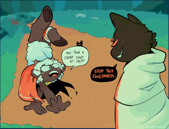 ambiguous_anthro ambiguous_gender anthro bandage bandaged_leg blood bodily_fluids corpse dialogue eye_contact falling grass grin hooves looking_at_another open_mouth outside plant smile speech_bubble text rubyfunkey cult_of_the_lamb massive_monster_(studio) lamb_(cult_of_the_lamb) bovid caprine mammal sheep 2024 digital_drawing_(artwork) digital_media_(artwork) english_text hi_res