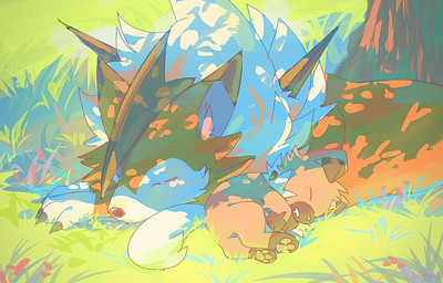 ambiguous_gender bodily_fluids brown_body brown_fur claws drooling duo eyes_closed feral flower fur grass inner_ear_fluff lying multicolored_body on_front on_side open_mouth pawpads paws plant saliva size_difference sleeping sleeping_together tree tuft two_tone_body white_body white_fur seta629211 nintendo pokemon canid canine generation_7_pokemon lycanroc mammal midday_lycanroc pokemon_(species) rockruff 2026 hi_res signature
