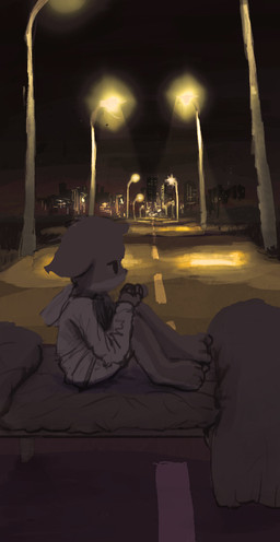 anthro bed biped city city_background cityscape clothed clothed_anthro clothed_male clothing detailed_background furniture hands_on_knees hands_on_legs hoodie knees_pulled_up male male_anthro night outside road side_view sitting sky solo street_lamp topwear young young_anthro young_male 1537639 ambiguous_species mammal 2021 digital_media_(artwork)