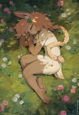 3_toes anthro biped breasts brown_body brown_fur brown_hair brown_tail butt eyes_closed feet female fingers flower fur hair lying lying_on_ground nude nude_anthro nude_female on_ground on_side outside plant sleeping solo tail toes waspsalad torpor_(waspsalad) lagomorph leporid mammal rabbit 2026 digital_drawing_(artwork) digital_media_(artwork) hi_res