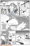 2017 2:3 abs anthro biceps big_muscles canid canine canis clothed clothing comic dialogue english_text fur greyscale male mammal monochrome muscular muscular_male naruever nipples patreon patreon_logo patreon_username pecs text url wolf zack_(naruever)