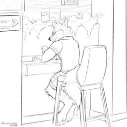 anthro arm_tuft barefoot bottomwear cellphone clothed clothing digitigrade elbow_tuft electronics eyewear feet glasses holding_cellphone holding_object holding_phone holding_smartphone male male_anthro mouth_closed phone shirt shorts sitting smartphone solo t-shirt topwear tuft crazydrak canid canine mammal hi_res monochrome sketch