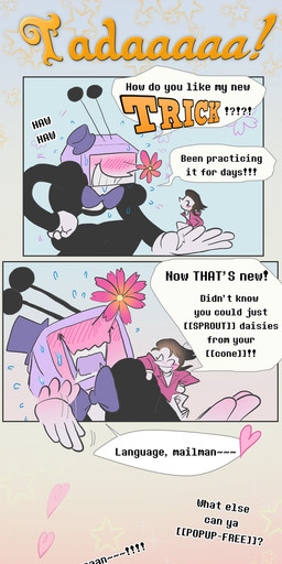 antennae_(anatomy) blush bodily_fluids clothing dialogue duo electronics embarrassed flower for_a_head hair hat headgear headwear macro_male male male/male not_furry plant screen screen_face simple_background size_difference speech_bubble sweat teeth television text spmtnlove deltarune undertale_(series) spamton_g._spamton tenna_(deltarune) addison_(deltarune) darkner humanoid object_head screen_head tv_head comic digital_media_(artwork) hi_res multiple_scenes