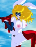 anthro big_breasts boots breasts butt cape clothing female footwear gloves handwear looking_at_viewer mask nipples nude shoes solo superhero tattoo desingahv lagomorph leporid mammal rabbit hi_res