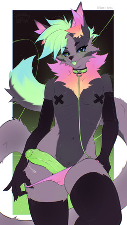 anthro big_ears big_penis black_clothing black_gloves black_handwear black_legwear black_thigh_highs butt choker clothing collar confident dark_body dark_fur erection femboy fluffy fluffy_tail foreskin front_view fur genitals glans gloves glowing gradient_background green_eyes green_glans green_hair green_penis grey_body grey_fur hair handwear humanoid_genitalia humanoid_penis jewelry leash legwear looking_at_viewer male mostly_nude necklace nipple_tape nipples nude panties pasties penis penis_poking_out pink_body pink_clothing pink_fur pink_panties pink_underwear seductive simple_background slim smile smirk solo stylized tail tape thigh_highs tongue tongue_out underwear zipper just_teru canid canine canis fox mammal wolf absurd_res digital_media_(artwork) hi_res neon_colors shaded soft_shading