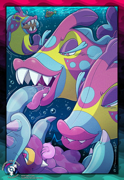 after_kiss ambiguous_gender blush blush_lines bodily_fluids bubble detailed_background feral group heart_eyes heart_symbol lips looking_at_another mouth_play nude open_mouth purple_body saliva saliva_string sea seductive sharp_teeth smile tail teeth text tongue tongue_out underwater water yellow_sclera atta_catto conditional_dnp nintendo pokemon aquatic bruxish echinoderm fish generation_7_pokemon mareanie pokemon_(species) shiny_pokemon digital_media_(artwork) english_text hi_res url