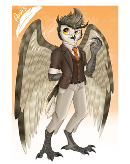 anthro arvis_emberquill beak clothing feathers feet male solo suit suit_and_tie talons toes wings eiviaris avian bird owl true_owl white-faced_owl absurd_res hi_res